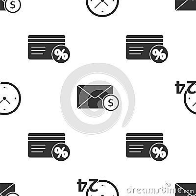 Set Clock 24 hours, Envelope with coin dollar and Discount card with percent on seamless pattern. Vector Vector Illustration