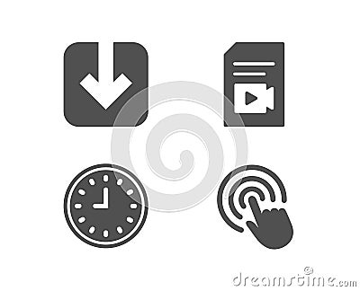 Clock, Load document and Video file icons. Click sign. Time or watch, Download arrowhead, Vlog page. Vector Illustration