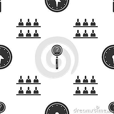 Set Clock, Magnifying glass with search and Jurors on seamless pattern. Vector. Vector Illustration
