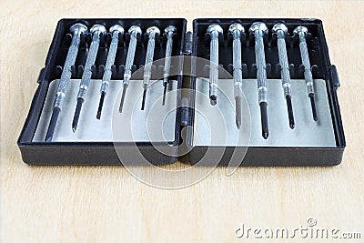 Set of clock screwdrivers of different sizes for work with small objects Stock Photo
