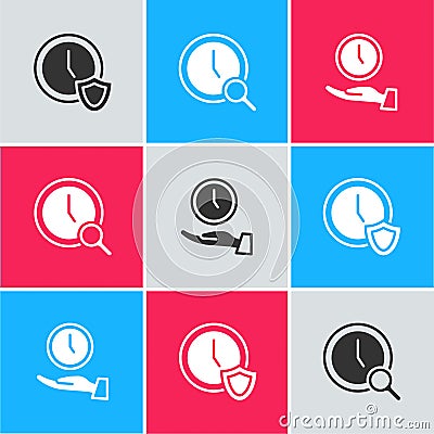 Set Clock with shield, Magnifying glass clock and icon. Vector Vector Illustration