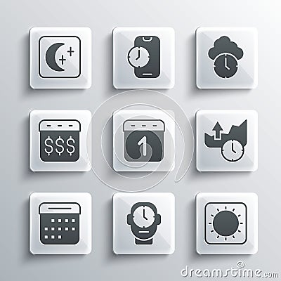 Set Clock, Sun, Stocks market growth graphs, Calendar, Payday, calendar with dollar, Moon and stars and icon. Vector Vector Illustration