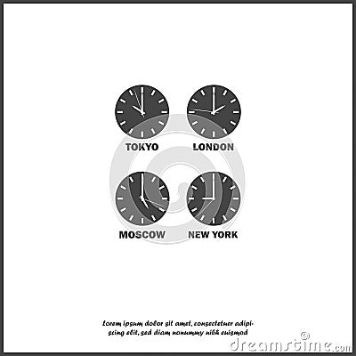 Set of clocks showing the time difference in different time zones. Timezone clock international time on white isolated background Vector Illustration
