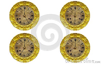 Set of clocks showing time on a white background Stock Photo