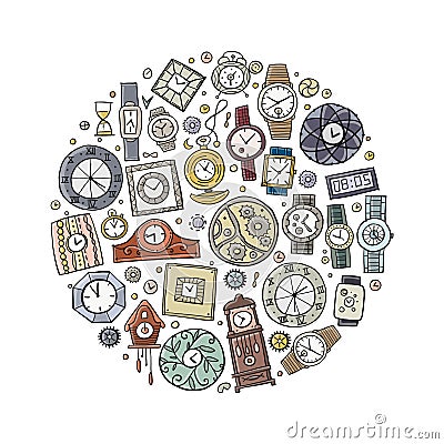 Set of clocks and watches in different style. Retro and modern collection for your design. Circle Frame Vector Illustration