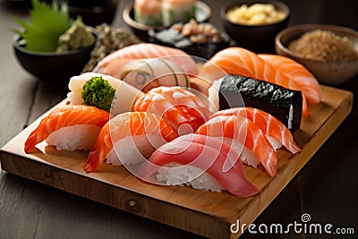 set japanese rice food roll seafood meal japan fish sushi. Generative AI. Stock Photo