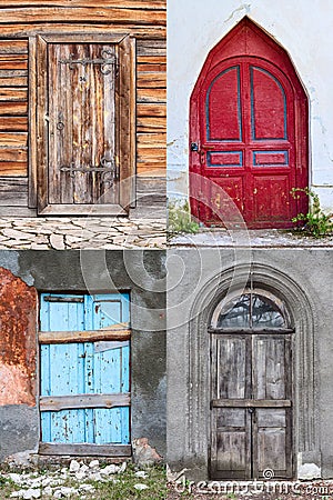 Set of closed and boarded up old doors in abandoned Ukrainian historical mansions subjected to the ravages of time Stock Photo