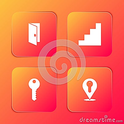 Set Closed door, Staircase, House key and Location icon. Vector Vector Illustration