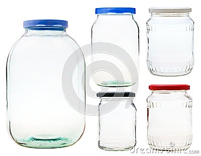 Set of closed glass jars isolated on white Stock Photo
