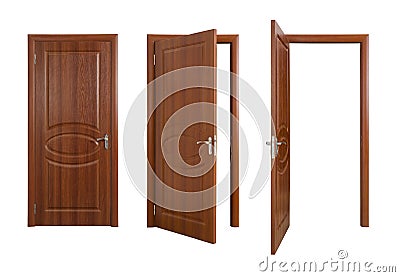 Set of closed and opened brown doors on white Stock Photo