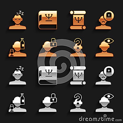 Set Closed personality, Male doctor, Solution problem in psychology, Human with question mark, Alcoholism, Psychology Vector Illustration
