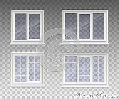 Set of closed window with transparent glass in a white frame. Isolated on a transparent background. Vector Stock Photo