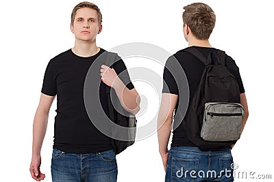Set of Closeup Student in blank template black t shirt with backpack front and back view. Travel man and education concept. Copy Stock Photo