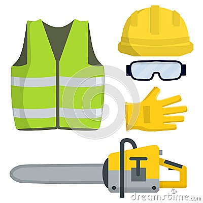 Set of clothes Builder and worker. Green vest, helmet, glasses, gloves. Cartoon flat illustration Vector Illustration