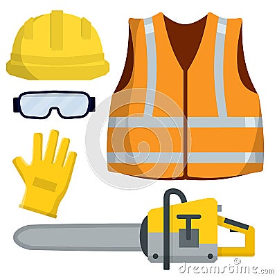 Set of clothes Builder and worker. Repair and maintenance. Safety and tools for cutting trees Vector Illustration
