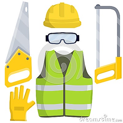 Set of clothes Builder and worker. Safety and tools for cutting trees Vector Illustration