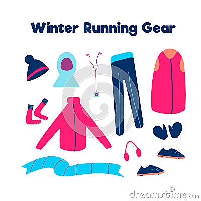 Set of clothes for running in cold weather isolated on a white background. Vector illustration. Winter running gear Cartoon Illustration