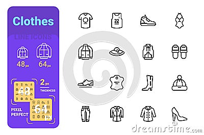 Set clothes simple lines icons of casual and sport. Vector Illustration