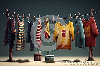 a set of clotheslines, each with a different kind of clothing hanging Stock Photo