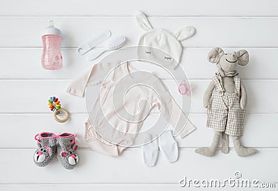 Set of clothing and items for a baby Stock Photo