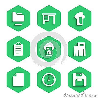 Set Cloud database, Clock, Floppy disk, Paper shredder, File document, To list or planning, and Document folder icon Vector Illustration