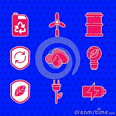 Set Cloud with rain, Electric saving plug leaf, Battery, Light bulb, Shield, Recycle symbol inside shield, Barrel and Vector Illustration