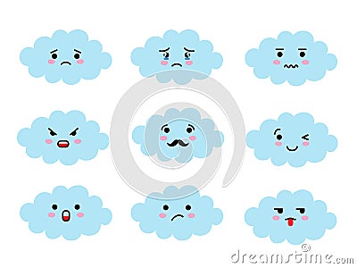 Set of cloud shaped emoji with different mood. Kawaii cute clouds emoticons and Japanese anime emoji faces expressions. Vector Illustration