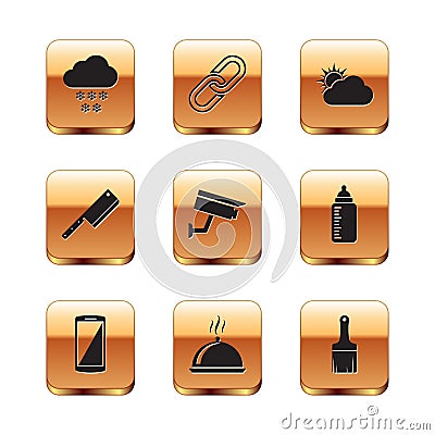 Set Cloud with snow, Smartphone, mobile phone, Covered tray of food, Security camera, Meat chopper and Sun and cloud Vector Illustration