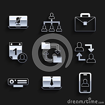 Set Cloud storage document folder, Video chat conference, Project team base, Web camera, Time management, Briefcase and Stock Photo