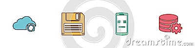 Set Cloud sync refresh, Floppy disk, Dead mobile and Setting database server icon. Vector Vector Illustration
