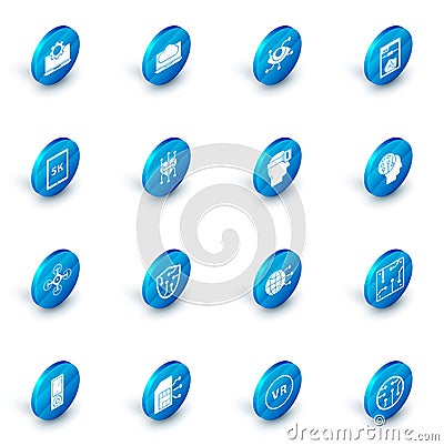 Set Cloud technology data transfer and storage, Virtual reality, 3D printer, Tablet with text 5k, Drone, Processor Stock Photo