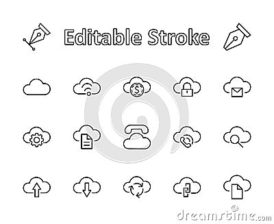 Set of cloud vector line icon. It contains symbols to upload, download, link and more. Editable move. 32x32 pixels. Vector Illustration