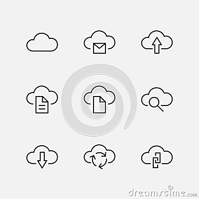 Set of Cloud Vector Line Icon. It contains Symbols to Upload, Download, Link and more. Editable Stroke. 32x32 pixels Vector Illustration