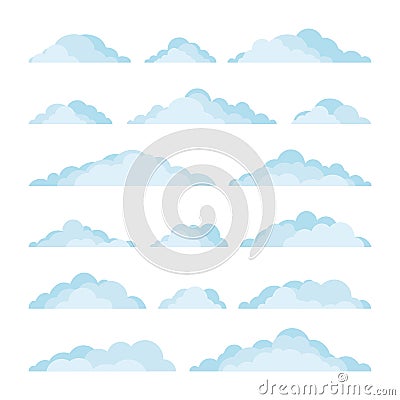 Set of clouds. 16 blue clouds with a flat bottom. Collection for design in cartoon style. Vector Illustration