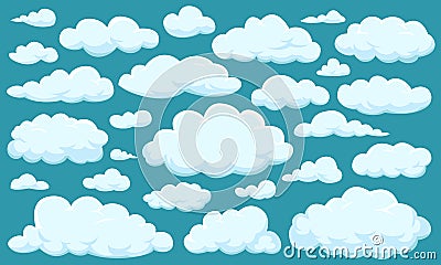 Set of clouds of different shapes in the sky for your web site design, UI, app. Meteorology and atmosphere in space. Vector Illustration