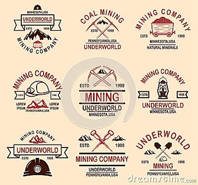 Set of coal mining company emblem templates. Design element for logo, label, emblem, sign, badge. Vector Illustration