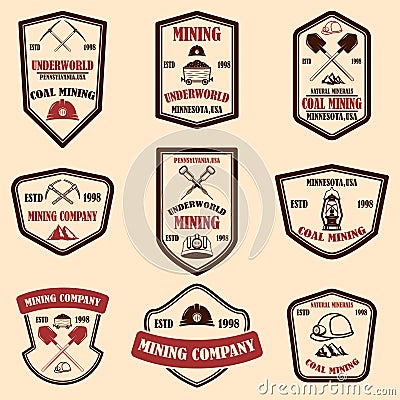 Set of coal mining company emblem templates. Design element for logo, label, emblem, sign, badge. Vector Illustration