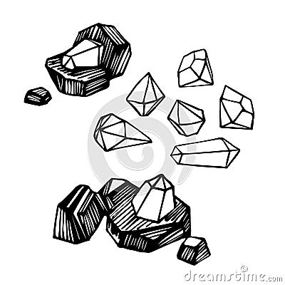 Set of coal pieces with diamond gemstones, mining treasures, for logo or emblem Vector Illustration