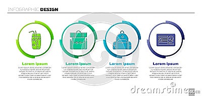 Set Cocktail and alcohol drink, Hiking backpack, Hiking backpack and Passport with visa stamp. Business infographic Vector Illustration