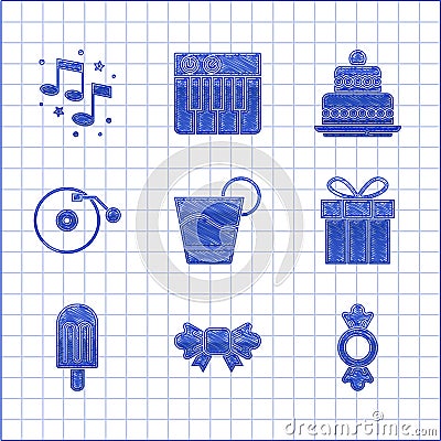 Set Cocktail, Bow tie, Candy, Gift box, Ice cream, Vinyl player with disk, Cake and Music note, tone icon. Vector Vector Illustration