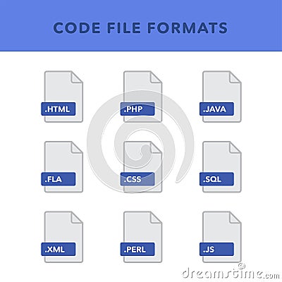 Set of code File Formats and Labels in flat icons style. Vector illustration Vector Illustration