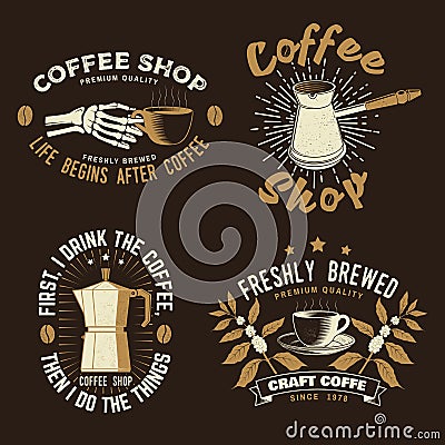 Set of Coffe shop logo, badge template. Vector. Typography design with coffee grinder, cup and branch of coffee tree Vector Illustration