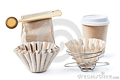 Set of coffee accessories papercup paper filter paperbag dripper Stock Photo