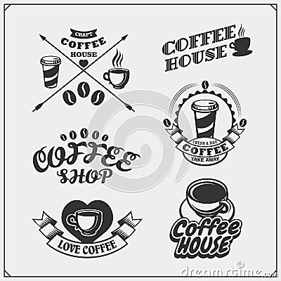 Set of coffee badges, labels and design elements. Coffee shop emblems templates. Vector Illustration