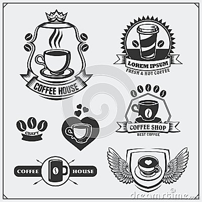 Set of coffee badges, labels and design elements. Coffee shop emblems templates. Vector Illustration