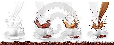 Set of coffee, cappuccino and milk splash in cups. Vector Illustration