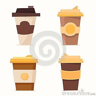Set of coffee cup. Disposable plastic and paper cup mockup. Flat cartoon Vector Illustration
