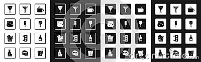 Set Coffee cup, Glass champagne, whiskey, Wine glass, Martini, Whiskey bottle and icon. Vector Stock Photo