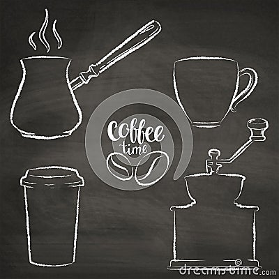 Set of coffee cup, grinder, pot grunge contours. Vector Illustration