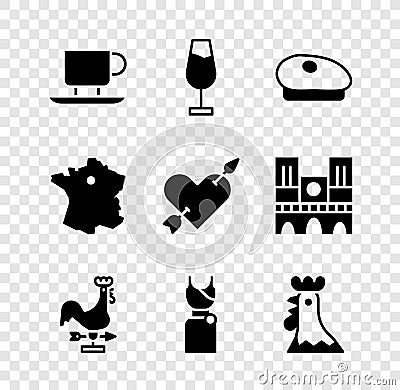 Set Coffee cup, Wine glass, French beret, Rooster weather vane, Woman dress, rooster, Map France and Amour with heart Vector Illustration